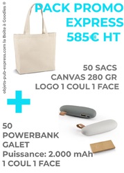 PACK PROMO 50 EX POWERBANK GALET + 50 EX SAC CANVAS 280 GR Objets Pub Express®