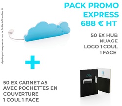 PACK PROMO 50 EX HUB NUAGE 4 PORTS + 50 EX CARNET AVEC POCHETTES Objets Pub Express®