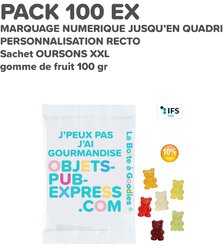 PACK 100 EX SACHETS PUBLICITAIRES OURSONS FRUITS XXL 100 GR Sucré - Salé - Gourmandises Objets Pub Express®